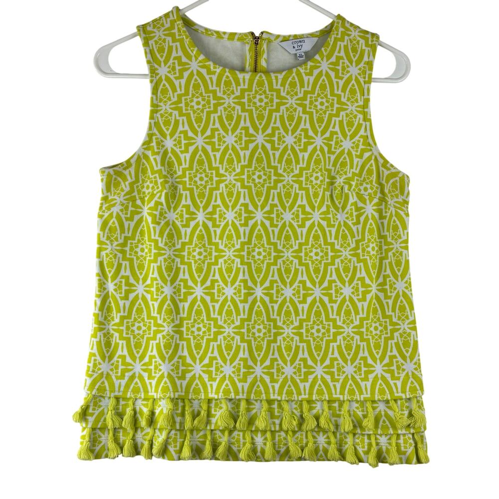 Crown & Ivy Sleeveless Top Women's PS Chartruse Tailored Tassels Career Ogee AOP